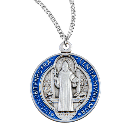 St. Benedict Round Blue Enameled Sterling Silver Medal, Catholic Gift, Made in USA