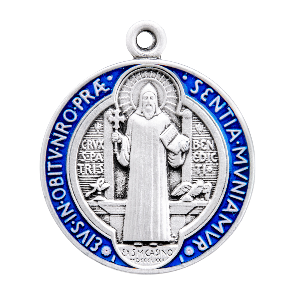 Saint Benedict Blue Enameled Sterling Silver Medal — 24" Chain, Made in USA
