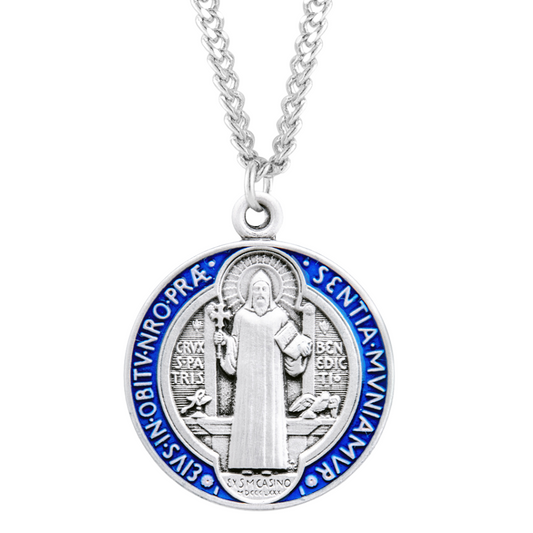 Sterling Silver (26mm) Blue Enameled St. Benedict Medal, Catholic Gift, Made in USA