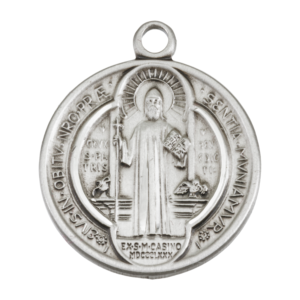 Saint Benedict Round Sterling Silver Medal Necklace — 24 Inch Chain, Made in USA