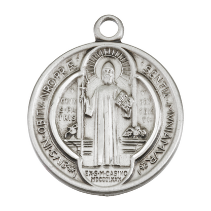 Saint Benedict Round Sterling Silver Medal Necklace — 24 Inch Chain, Made in USA