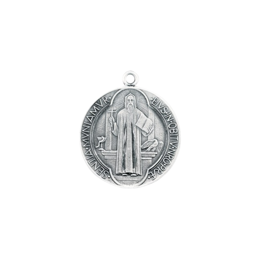 Saint Benedict Large Sterling Silver Medal Pendant — 24" Chain, Gift Box