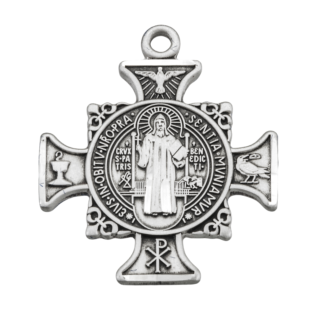 Saint Benedict Sterling Silver Maltese Cross Necklace — 24" Chain, Gift Box