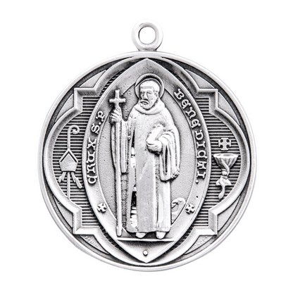 Saint Benedict Sterling Silver Round Jubilee Medal Necklace — 27" Chain, Gift Box