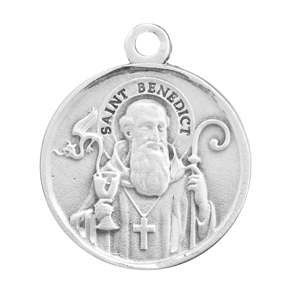 Saint Benedict Sterling Silver Round Medal Pendant — 24" Chain, Gift Box