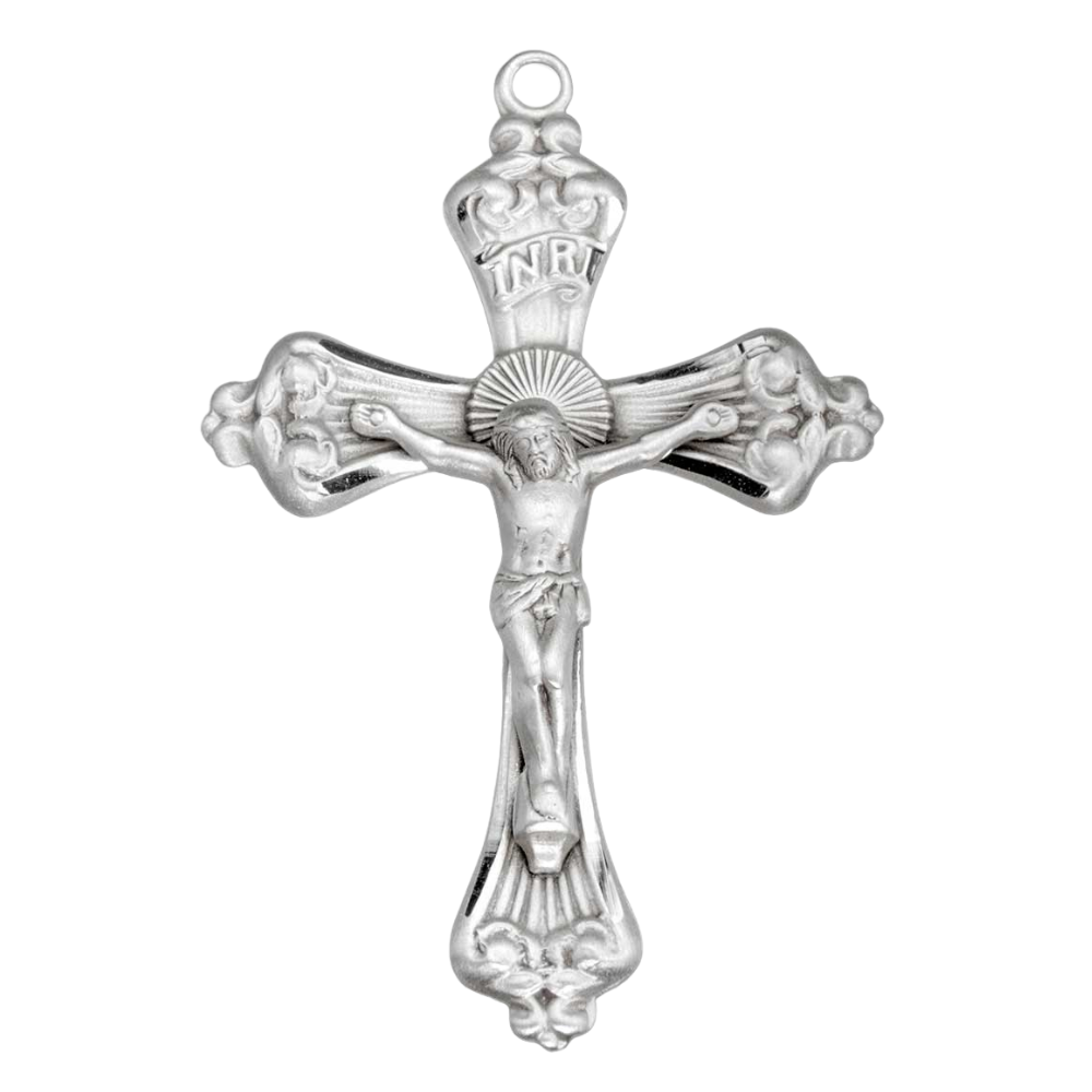 Baroque Scroll Tipped Sterling Silver Crucifix — 24" Chain, Made in USA, Gift Box