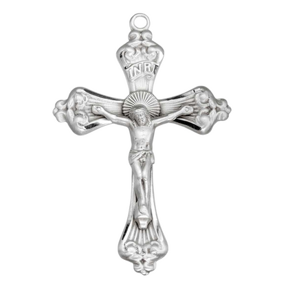 Baroque Scroll Tipped Sterling Silver Crucifix — 24" Chain, Made in USA, Gift Box