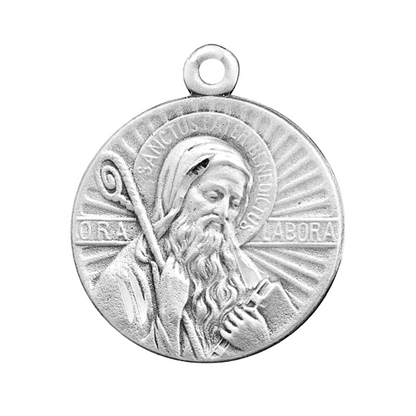 Saint Benedict Sterling Silver Round Medal Pendant Necklace — 24" Chain, Gift Box