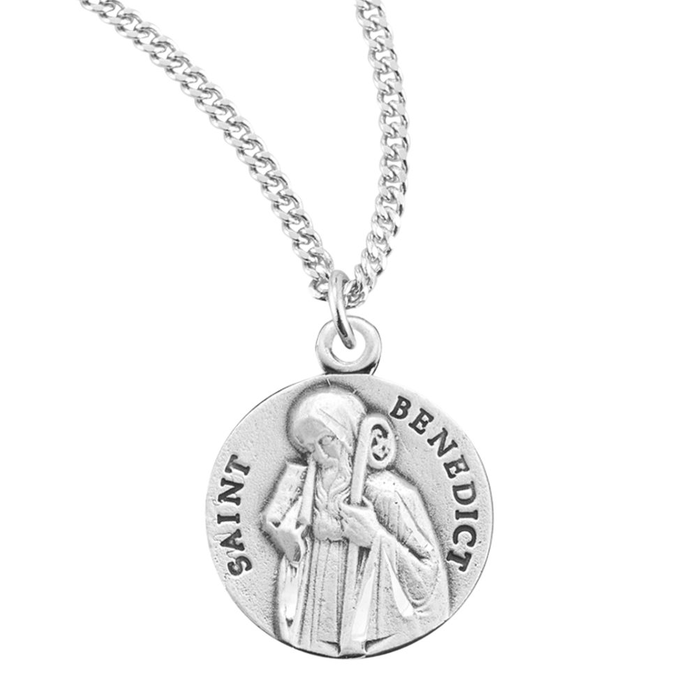 15/16" Sterling Silver Round St. Benedict Medal-Ch-Bxd, Catholic Gift, Made in USA
