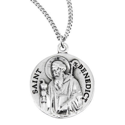 7/8" Sterling Silver Round St. Benedict Medal-Ch-Bxd, Catholic Gift, Made in USA