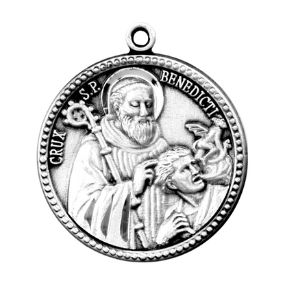 Saint Benedict Sterling Silver Round Medal Pendant — 20" Chain, Made in USA