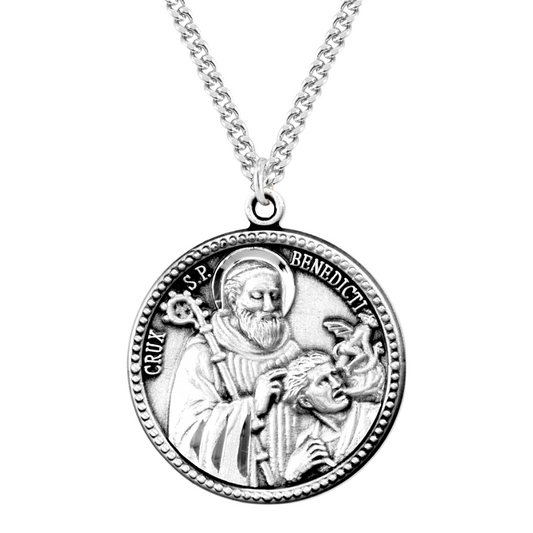 Sterling Silver St. Benedict Exorcism Round Medal with Beaded Edge on , Catholic Gift, Made in USA