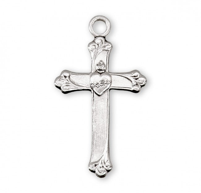 Sacred Heart Sterling Silver Cross Pendant — 18" Chain, Gift Box Included