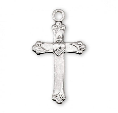 Sacred Heart Sterling Silver Cross Pendant — 18" Chain, Gift Box Included