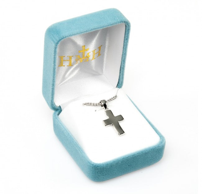 Plain Wide Cross Sterling Silver Pendant Necklace - 18 Inch Chain, Made in USA