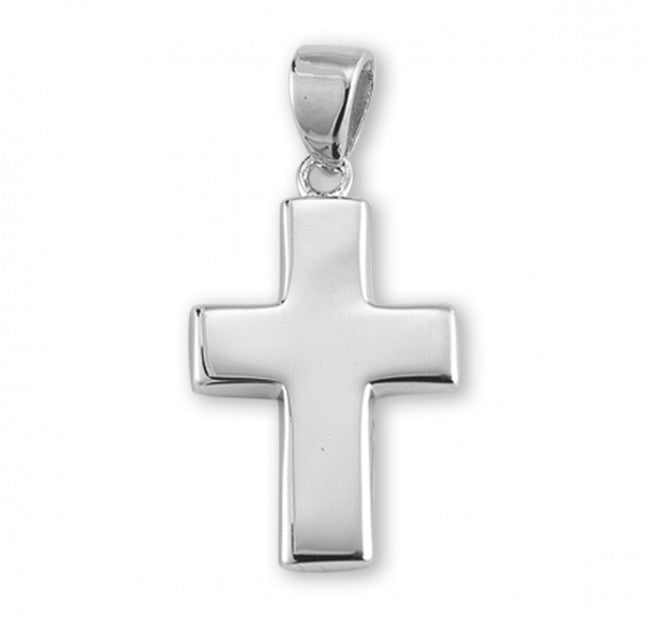 Plain Wide Cross Sterling Silver Pendant Necklace - 18 Inch Chain, Made in USA