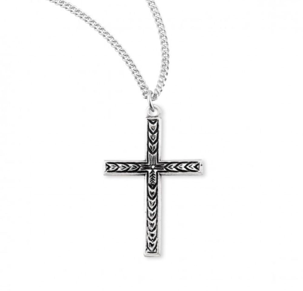 Engraved Leaf Design Sterling Silver Cross, Catholic Gift, Made in USA