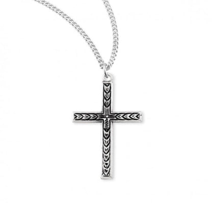 Engraved Leaf Design Sterling Silver Cross, Catholic Gift, Made in USA