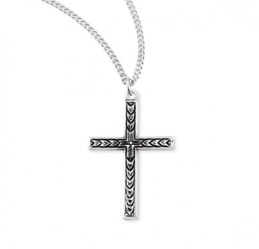 Engraved Leaf Design Sterling Silver Cross, Catholic Gift, Made in USA