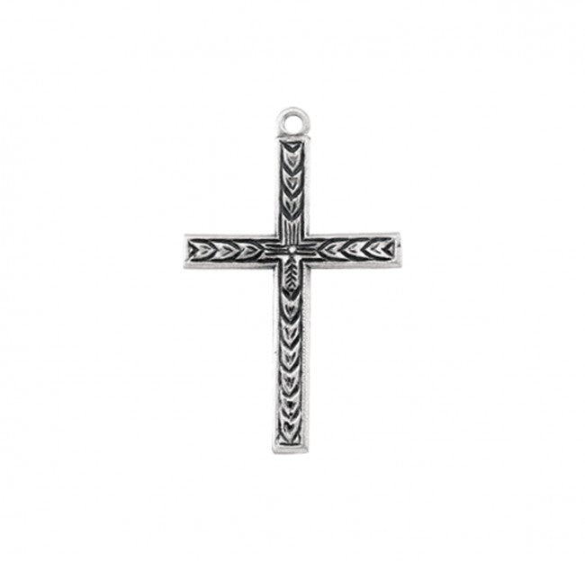 Sterling Silver Engraved Leaf Cross Pendant Necklace — 18" Chain, Made in USA