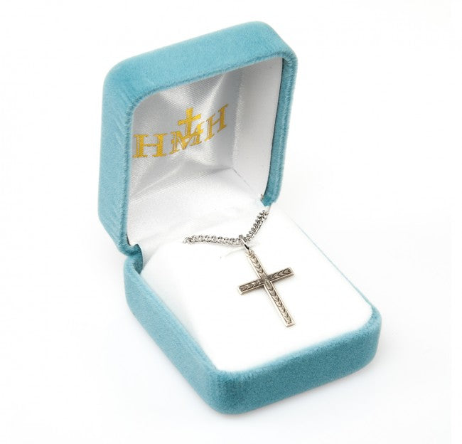 Sterling Silver Engraved Leaf Cross Pendant Necklace — 18" Chain, Made in USA