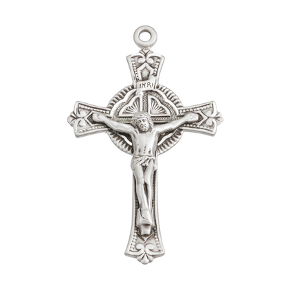 Sterling Silver Fine Detailed Crucifix Pendant — 24" Chain, Made in USA, Gift Box