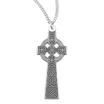 Sterling Silver Celtic Cross Pendant Necklace, 18" Rhodium Plated Stainless Steel Chain, Made in USA- Deluxe Velvet Gift Box Included