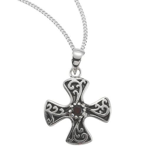 Sterling Silver Cross and Garnet Zircon, Catholic Gift, Made in USA