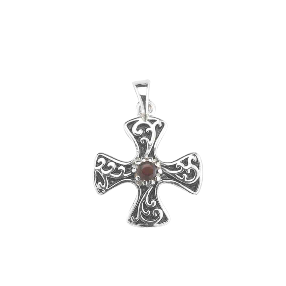 Garnet Zircon Cross Sterling Silver Pendant — 18" Chain, Made in USA, Gift Box