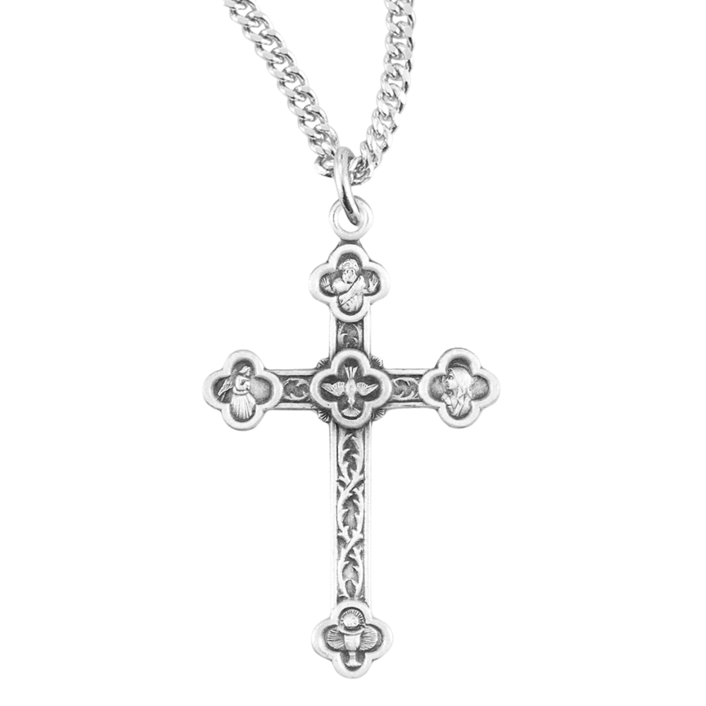 Engraved Vine Pattern Sterling Silver Cross, Catholic Gift, Made in USA