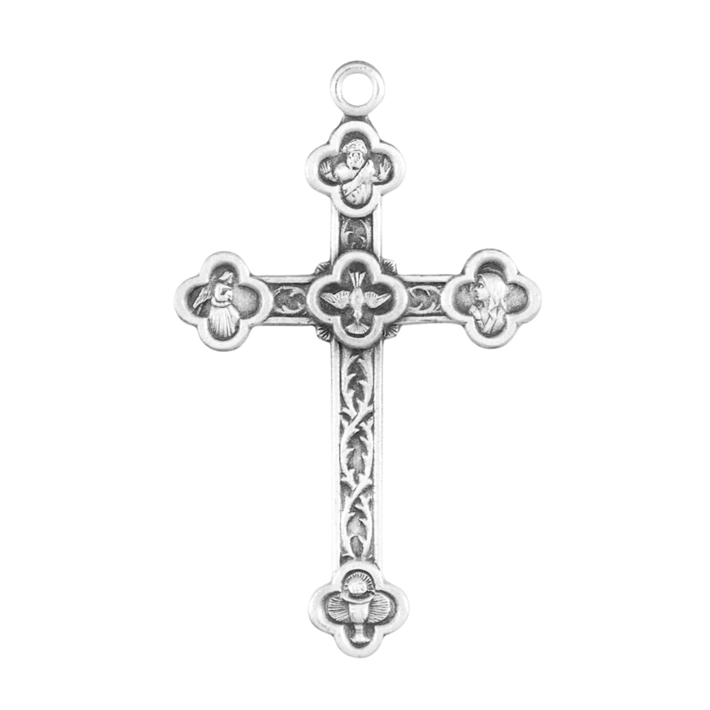 Engraved Vine Pattern Sterling Silver Cross Pendant — 20" Chain, Made in USA