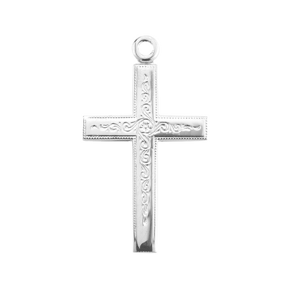 Vine Pattern Cross Sterling Silver Pendant Necklace — 18" Chain, Gift Box