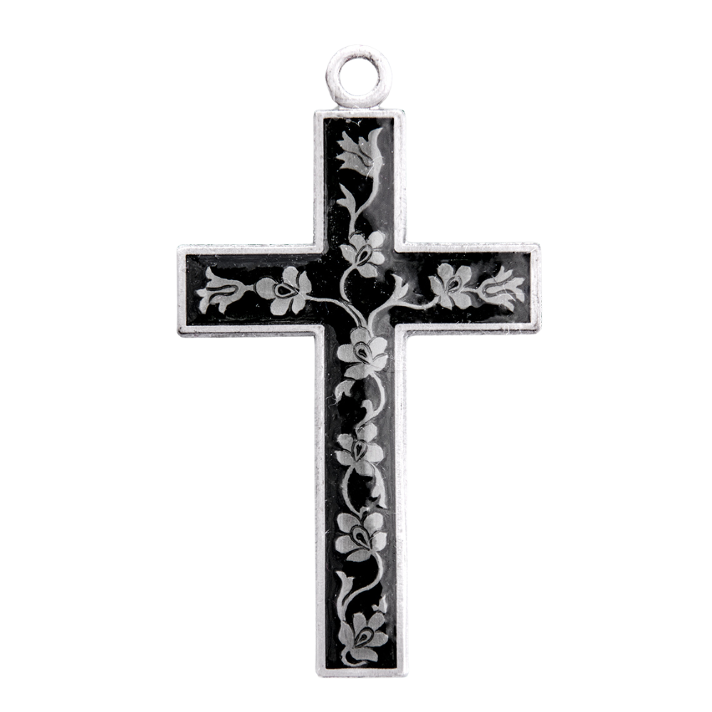 Black Enameled Cross Sterling Silver Pendant — 18" Chain, Made in USA, Gift Box