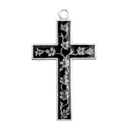 Black Enameled Cross Sterling Silver Pendant — 18" Chain, Made in USA, Gift Box