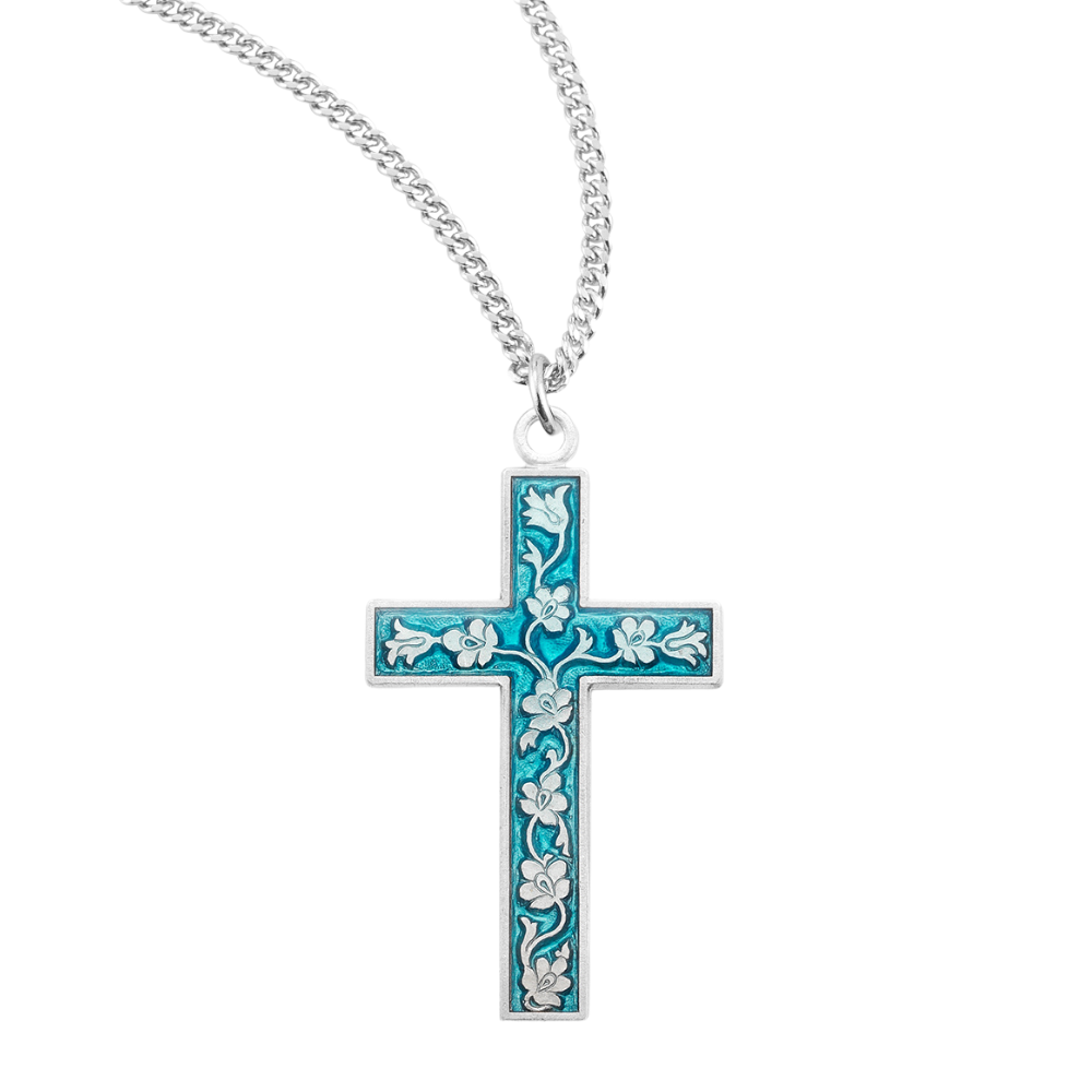 Blue Enameled Sterling Silver Cross, Catholic Gift, Made in USA