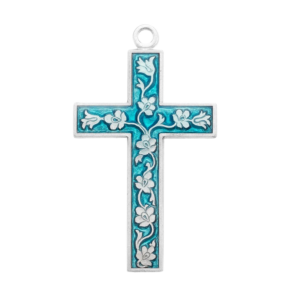 Blue Enameled Cross Sterling Silver Pendant — 18" Chain, Gift Box Included