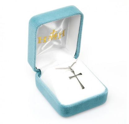 Tapered End Cross Sterling Silver Pendant — 18" Chain, Made in USA, Gift Box