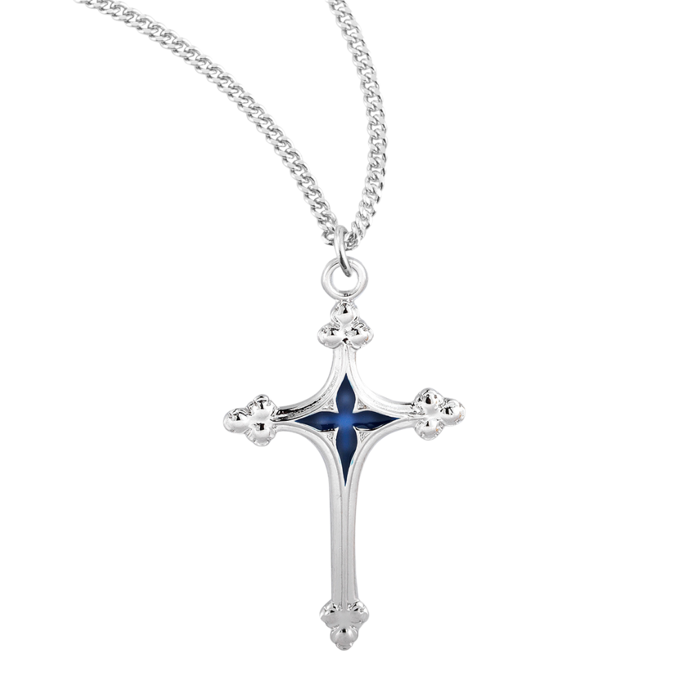 Sterling Silver Cross with Blue Enameled Center, Catholic Gift, Made in USA