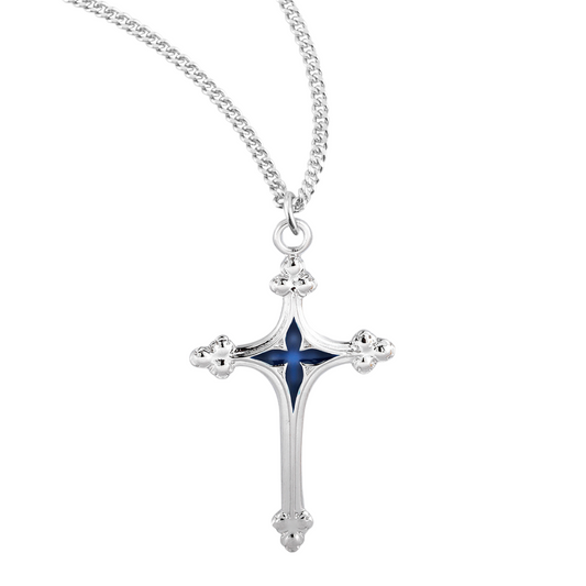 Sterling Silver Cross with Blue Enameled Center, Catholic Gift, Made in USA