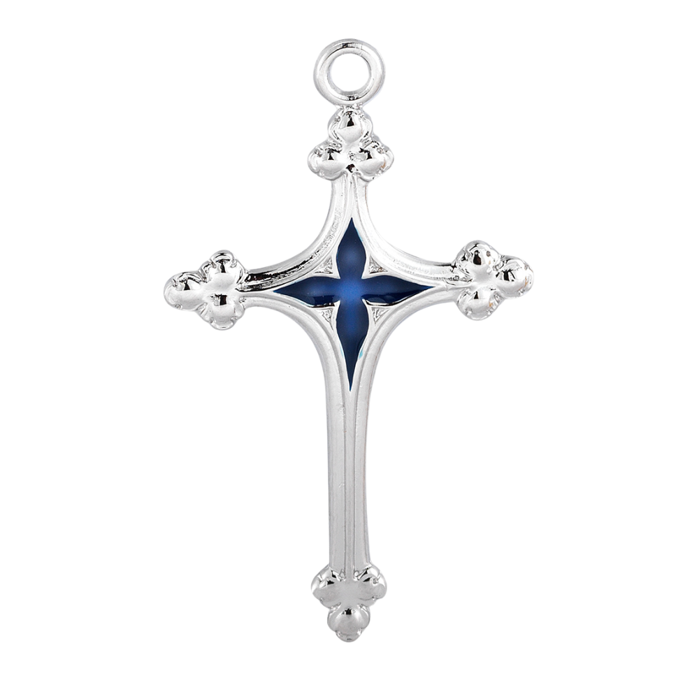 Sterling Silver Cross Necklace with Blue Enameled Center — 18" Chain, Gift Box