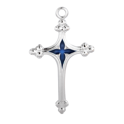 Sterling Silver Cross Necklace with Blue Enameled Center — 18" Chain, Gift Box