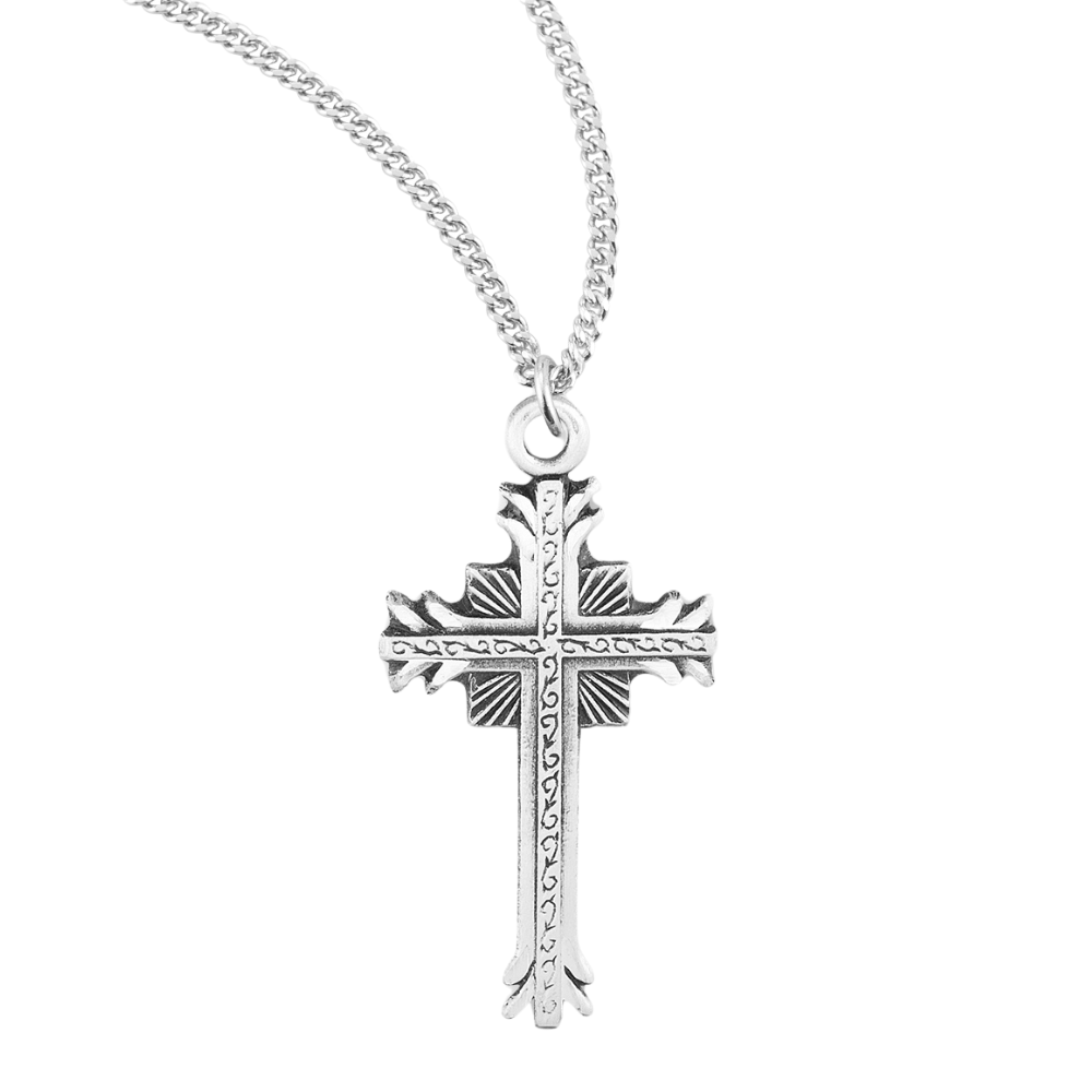 Sterling Silver Flare Tipped Cross with a Scrolled Center, Catholic Gift, Made in USA