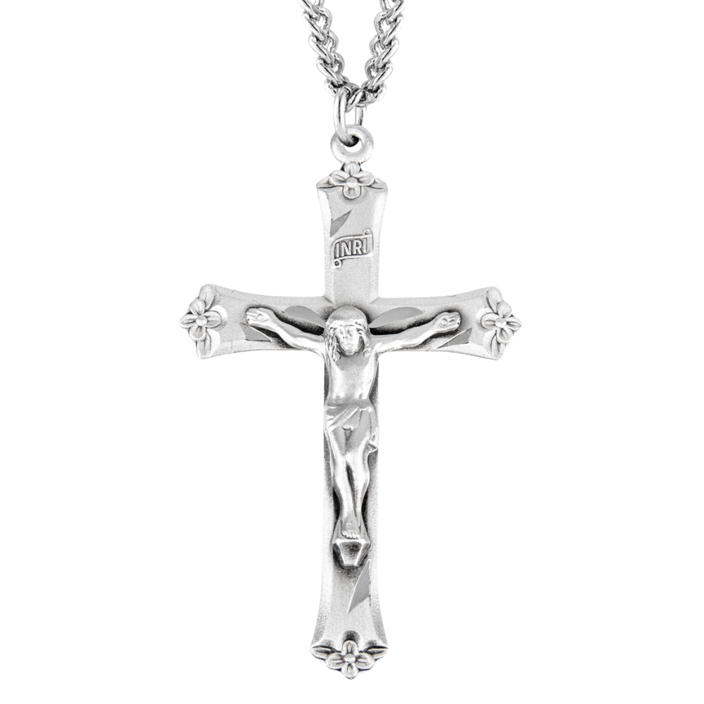 Sterling Silver Flower Tipped Crucifix, Catholic Gift, Made in USA