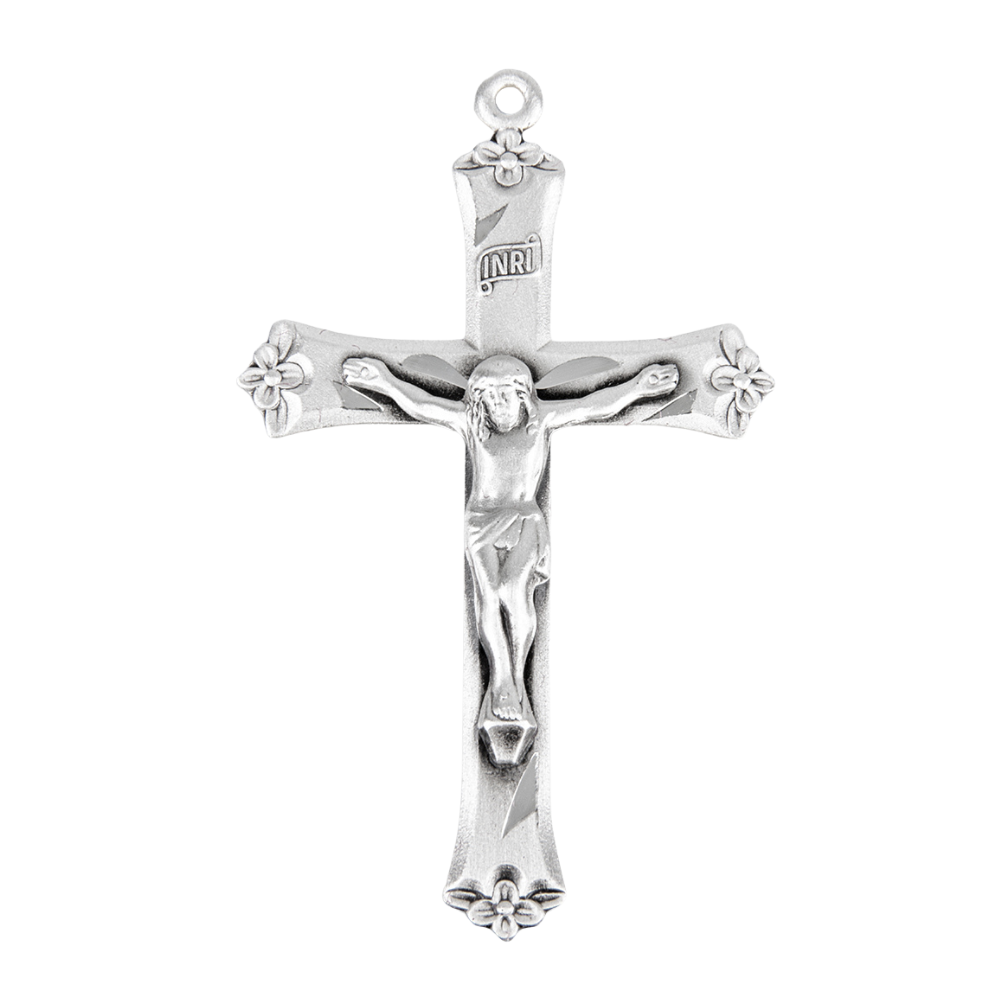 Flower Tipped Crucifix Sterling Silver Pendant — 24" Chain, Gift Box Included