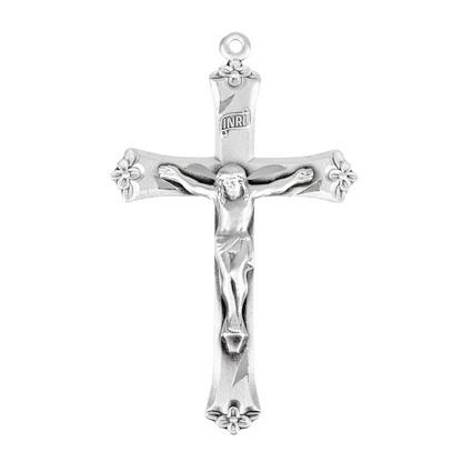 Flower Tipped Crucifix Sterling Silver Pendant — 24" Chain, Gift Box Included