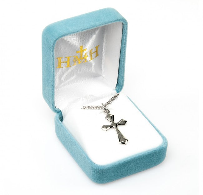 Fancy Cross Sterling Silver Pendant Necklace — 18" Chain, Made in USA, Gift Box