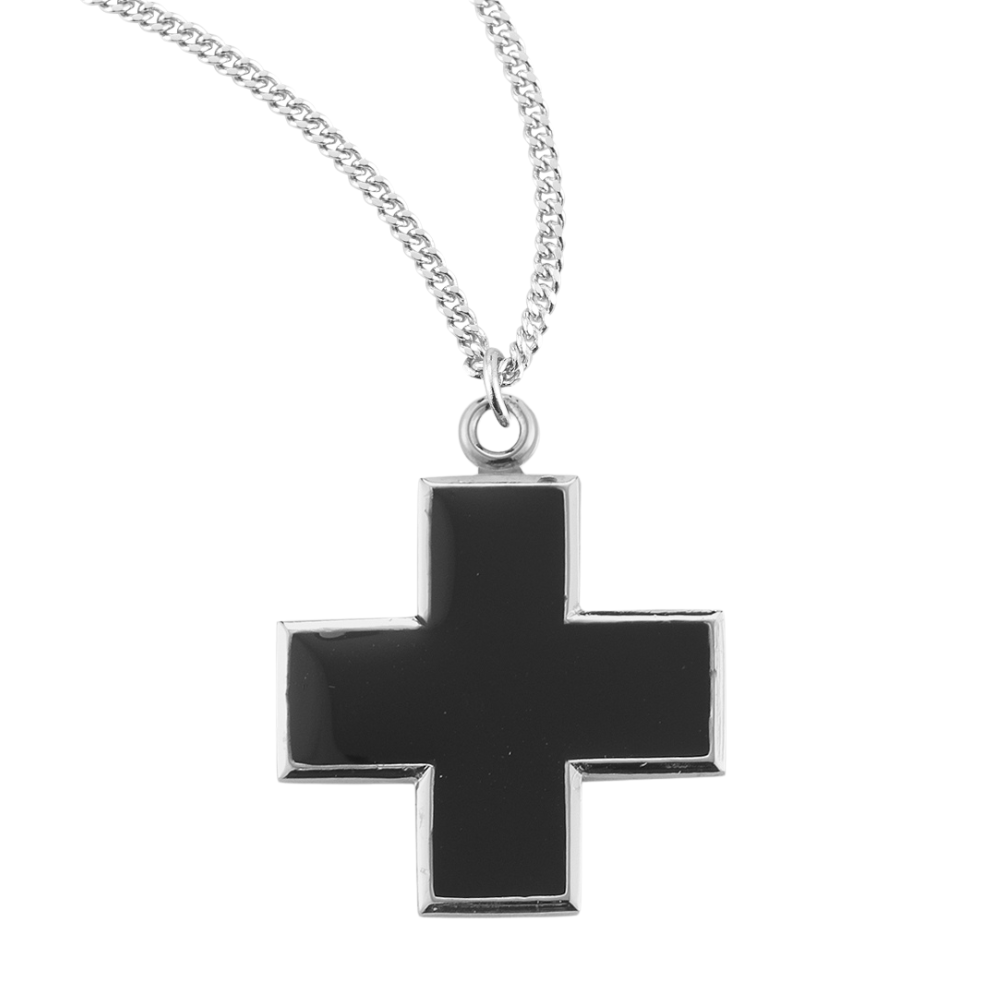 Wide Sterling Silver Black Enameled Cross, Catholic Gift, Made in USA