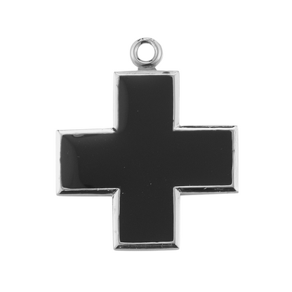 Wide Black Enameled Cross Sterling Silver Pendant Necklace — 18" Chain, Gift Box