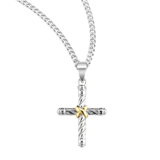 Twisted Two Tone Sterling Silver Cross, Catholic Gift, Made in USA