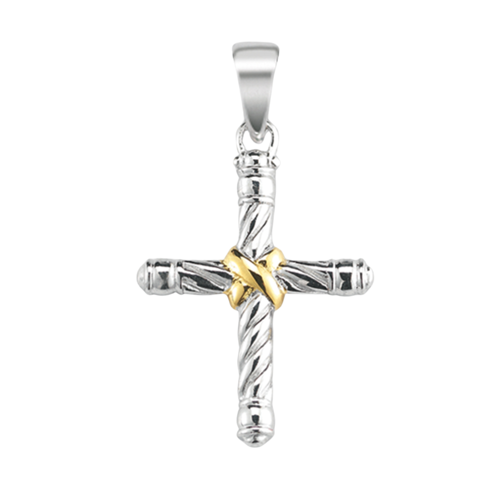 Twisted Two Tone Sterling Silver Cross Pendant Necklace — 18" Chain, Gift Box
